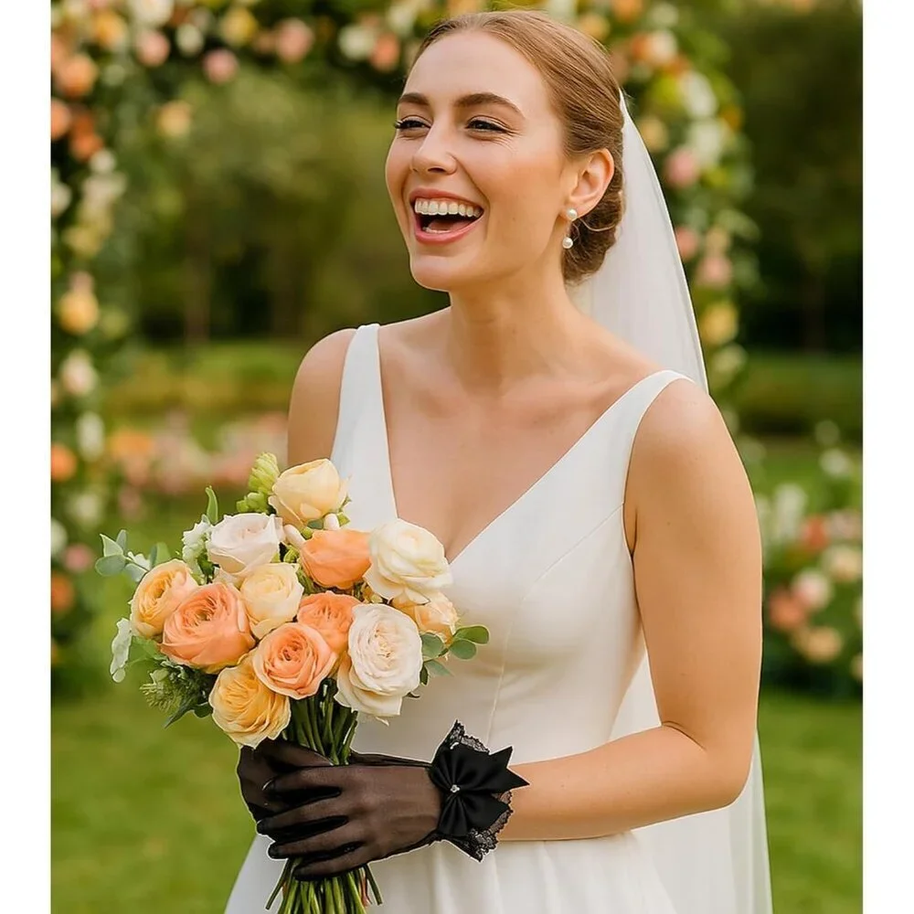 Women's Black Lace Short Wedding Ruffled Tulle Mitten Imported Polyester Gloves